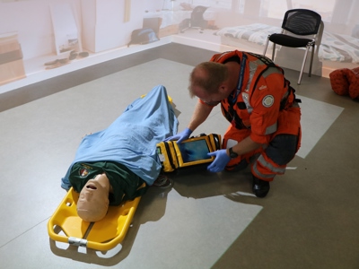Critical care paramedic Keith Mills participating in training using a mannequin and medical equipment in the charity's simulation suite. Critical care paramedic Keith Mills participating in training using a mannequin and medical equipment in the charity's simulation suite.