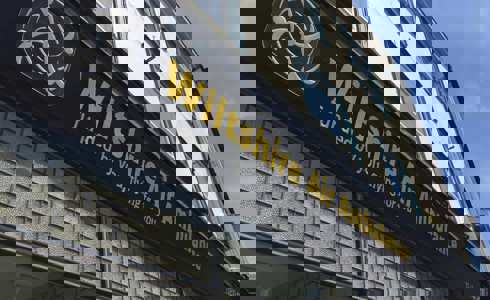 Wiltshire Air Ambulance's Devizes charity shop signage with yellow and white writing Wiltshire Air Ambulance's Devizes charity shop signage with yellow and white writing