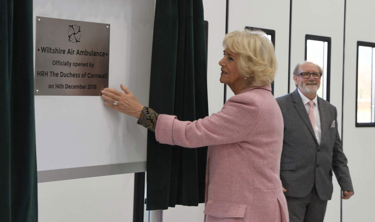 The Queen Consort unveiling the opening plaque for Wiltshire Air Ambulance's new airbase. The Queen Consort unveiling the opening plaque for Wiltshire Air Ambulance's new airbase.
