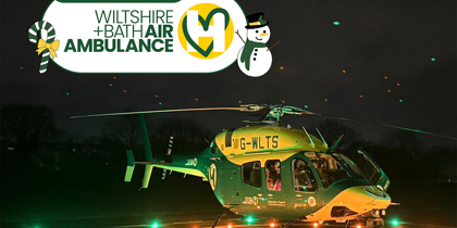 The Bell-429 helicopter at night, sat on a lit helipad with yellow and green lights on.