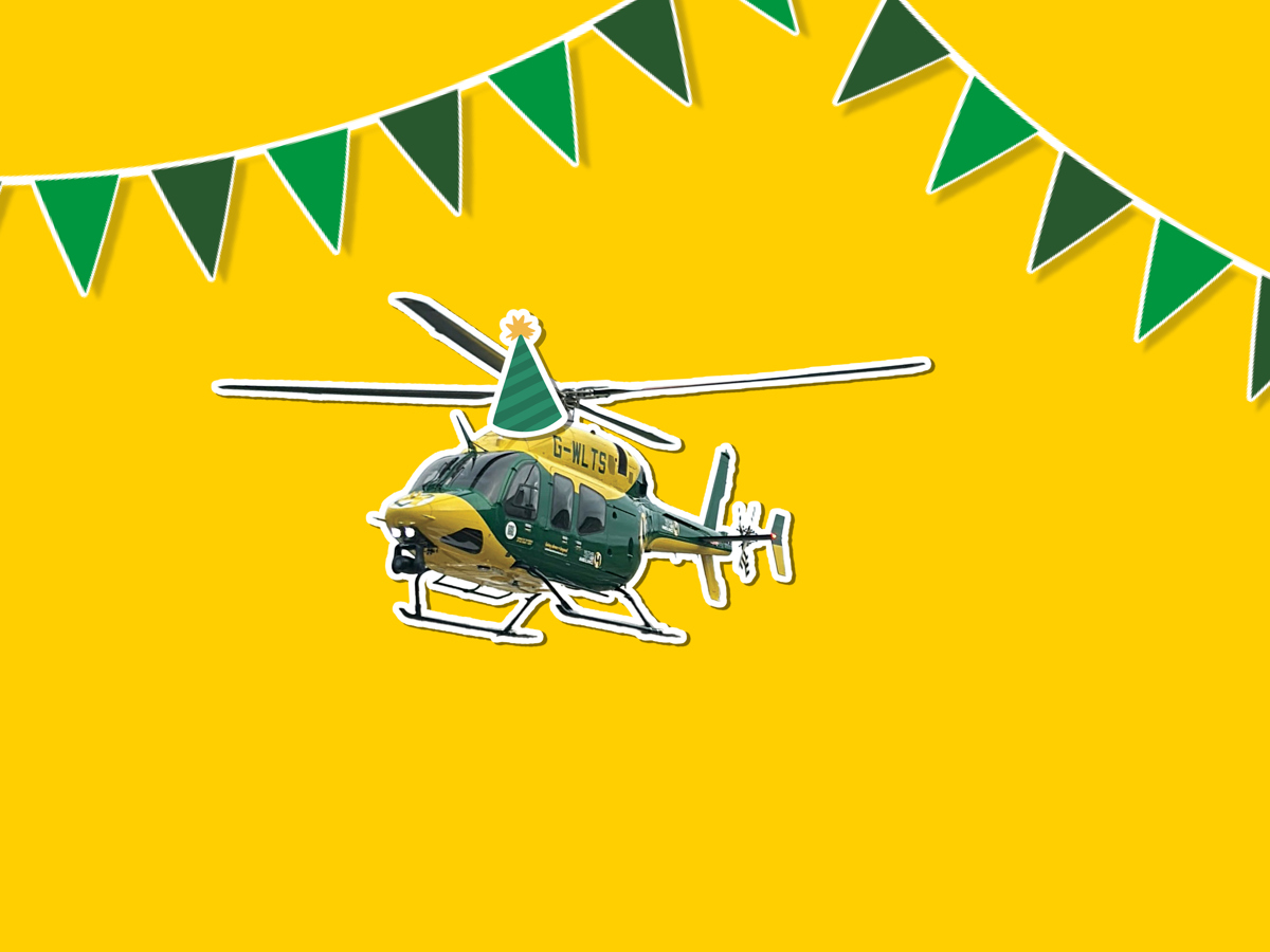 A yellow background with a sticker of the yellow and grey Bell 429 helicopter wearing a cartoon sticker hat, with green bunting around it