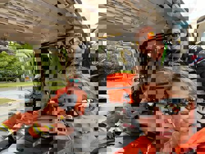 Paramedic Emma sat in the back of the Wiltshire Air Ambulance helicopter, whilst paramedic Lou and pilot Fin are taking a selfie Paramedic Emma sat in the back of the Wiltshire Air Ambulance helicopter, whilst paramedic Lou and pilot Fin are taking a selfie