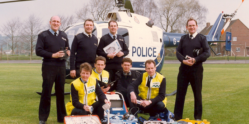 The Wiltshire Air Ambulance helicopter and crew members posed with medical equipment The Wiltshire Air Ambulance helicopter and crew members posed with medical equipment