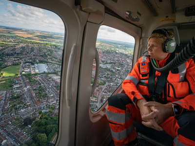Emma Thompson sitting in the back of Wiltshire Air Ambulance's helicopter admiring the view. Emma Thompson sitting in the back of Wiltshire Air Ambulance's helicopter admiring the view.