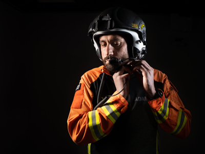 Wiltshire Air Ambulance critical care paramedic Adam Khan securing his flight helmet. Wiltshire Air Ambulance critical care paramedic Adam Khan securing his flight helmet.