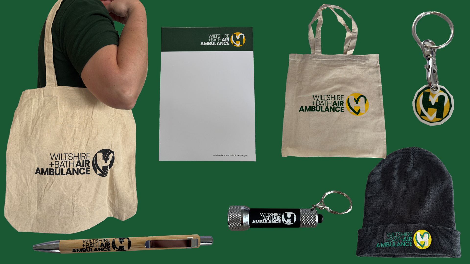 A collage of Wiltshire and Bath Air Ambulance merchandise